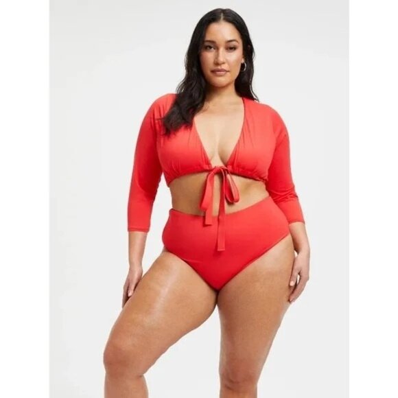 Good American Sexy Boost Swim Top 3/4 Sleeve Tie Front Bright Poppy Red 2 US M - Picture 1 of 6